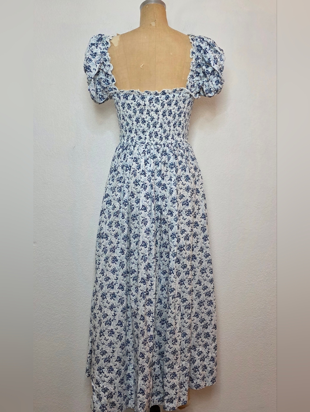 Doen Blue Floral Stanza Puff Sleeve Cotton Midi Dress - Picture 12 of 14